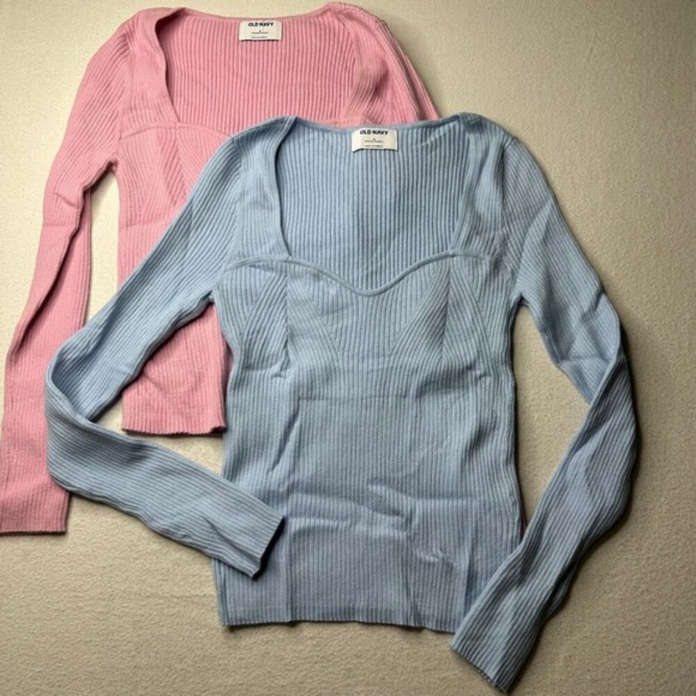 Old Navy Womens Retro Ribbed Sweetheart Neck LS Sweater Pink Blue Lot of 2